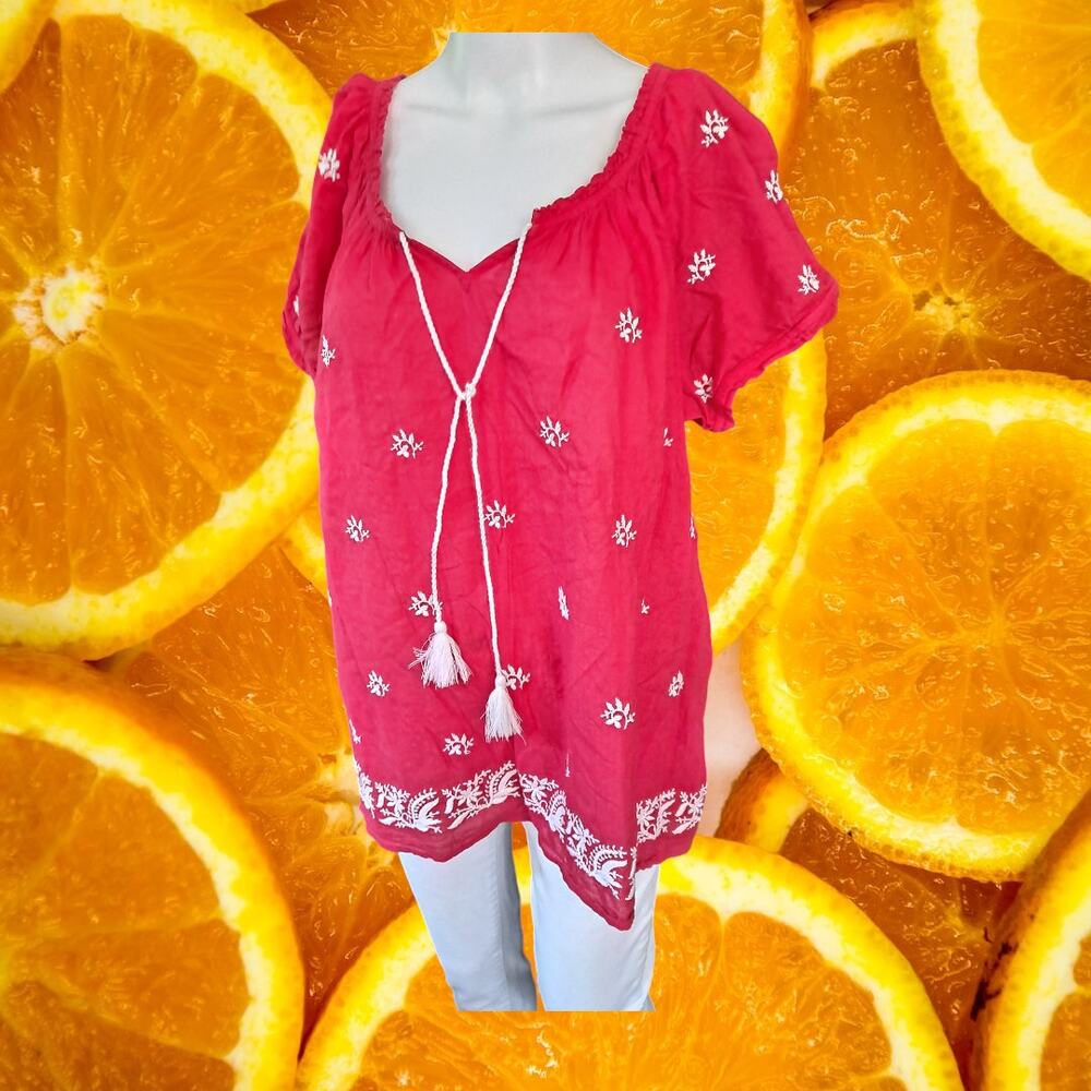 Relativity Red with‎ White Design 100% Cotton Blouse Size XL